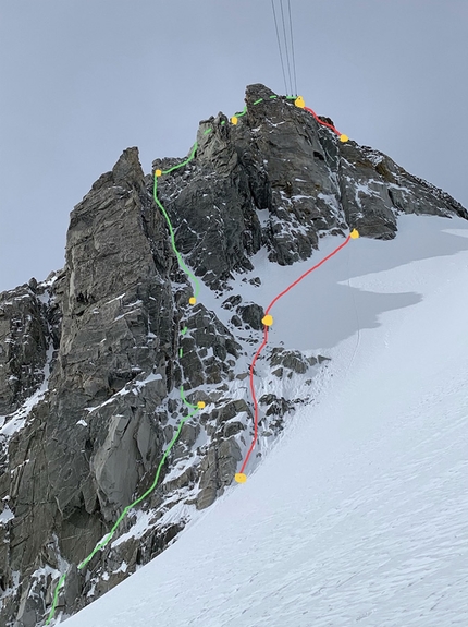 Grand Flambeau Mont Blanc, Ezio Marlier  - Grand Flambeau, Mont Blanc massif and the climbs Koala Pirla in green (Ezio Marlier, Alberto Corbella 29/05/2019) e La Vie in Rosa in red (Ezio Marlier, Sergio Fiorenzano 27/05/2019)