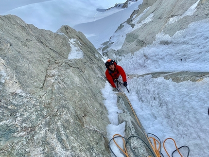 Grand Flambeau Mont Blanc, Ezio Marlier  - Sergio Fiorenzano on Grand Flambeau (Mont Blanc) making the first ascent of La Vie in Rosa with Ezio Marlier