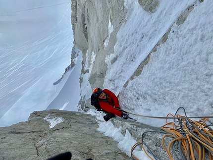 Grand Flambeau Mont Blanc, Ezio Marlier  - Sergio Fiorenzano on Grand Flambeau (Mont Blanc) making the first ascent of La Vie in Rosa with Ezio Marlier