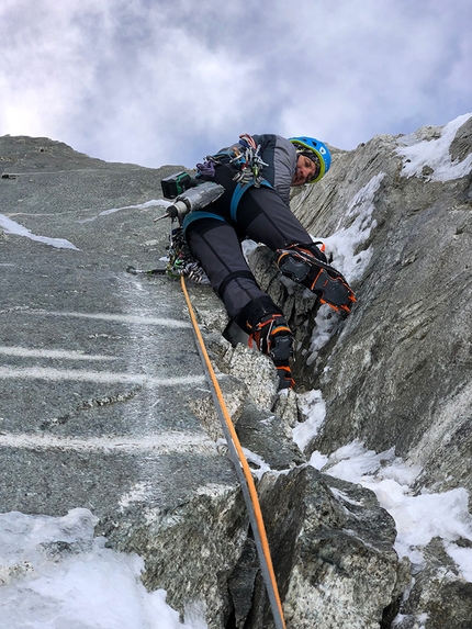 Grand Flambeau Mont Blanc, Ezio Marlier  - Ezio Marlier on Grand Flambeau (Mont Blanc) making the first ascent of La Vie in Rosa with Sergio Fiorenzano