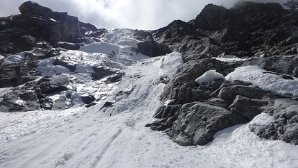 Tomas Franchini, Lamo She China - Steep ramps up the East Face of Lamo She in China, climbed solo by Tomas Franchini on 14/05/2019