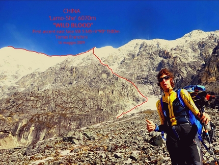 Tomas Franchini, Lamo She Cina - Tomas Franchini e il tracciato di Wild Blood, ovvero la sua solitaria della parete est del Lamo She (6070m) in Cina effettuata il 14/05/2019