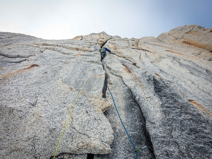 Mount Barrill, Ruth Gorge, Alaska, Daniel Joll, Kim Ladiges, Alastair McDowell, John Price - Kim Ladiges questing up endless offwidth cracks while establishing King Cobra on Mount Barrill, Alaska