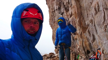 Tre Cime di Lavaredo, Dolomites - Łukasz Dudek and Jacek Matuszek making the first ascent of Premiere, Cima Grande di Lavaredo, Dolomites