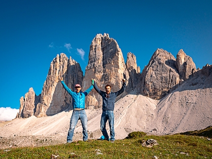 Tre Cime di Lavaredo, Dolomites - Jacek Matuszek and Łukasz Dudek after the first ascent of Premiere, Cima Grande, Tre Cime di Lavaredo, Dolomiti