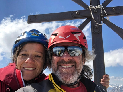 Cima Grande di Lavaredo, Tre Cime di Lavaredo, Dolomites - Gerda Schwienbacher and Christoph Hainz on the summit of Cima Grande di Lavaredo after having made the first ascent of the Grohmann - Hainz