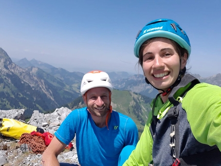Cédric Lachat - Cédric Lachat and Caroline Minvielle after having climbed Yeah Man, 8b+ multi-pitch up Gran Pfad, Gastlosen, in Switzerland