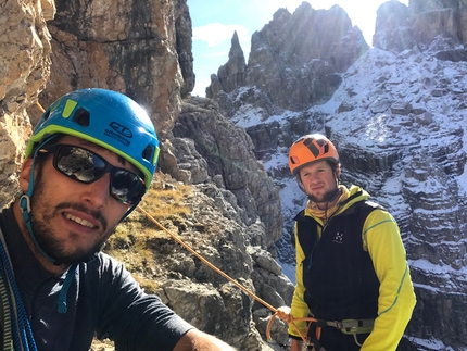 Cima Grostè, Brenta Dolomites - Francesco Salvaterra and Nicola Castagna making the first ascent of Via Greta, Cima Grostè, Dolomiti di Brenta (Francesco Salvaterra, Nicola Castagna)