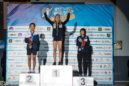 Lead World Cup 2019 - 2 Chaehyun Seo 1 Janja Garnbret 3 Ai Mori, women's podium of the first stage of the Lead World Cup 2019 at Villars, Switzerland