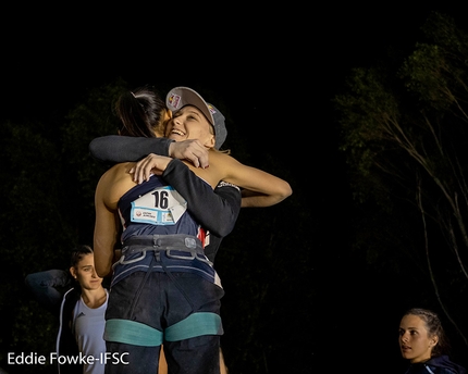 Janja Garnbret, Chaehyun Seo - Janja Garnbret and Chaehyun Seo hug after competing in the third stage of the Lead World Cup 2019 at Briançon, France