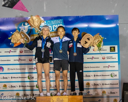 Lead World Cup 2019 - 2. Janja Garnbret  1. Chaehyun Seo 3. Natsuki Tani, third stage of the Lead World Cup 2019 at Briançon, France