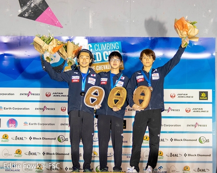 Lead World Cup 2019 - 2. Hiroto Shimizu 1. Hidemasa Nishida 3. Shuta Tanaka , third stage of the Lead World Cup 2019 at Briançon, France