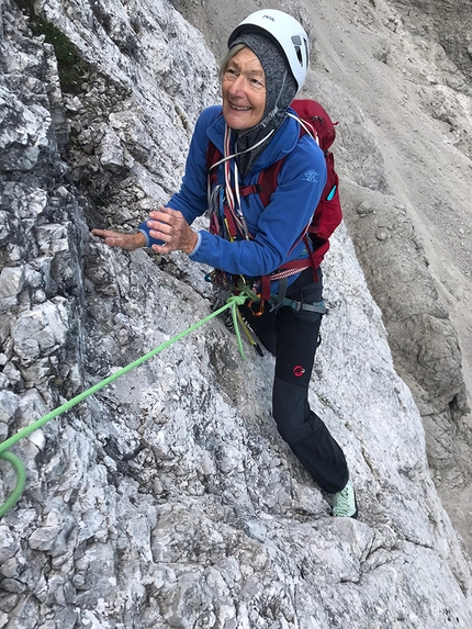 Laserz, Lienz Dolomites, Lisi Steurer - Christine Regoutz, aged 70, repeating Direkte Laserz-Nordwand, Laserz, Lienz Dolomites