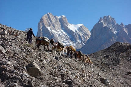 Black Tooth, Karakorum, Simon Messner, Martin Sieberer - Thew approach of Philipp Brugger, Martin Sieberer and Simon Messne prior to making the first ascent of Black Tooth, Karakorum, 07/2019