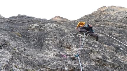 Langkofel Dolomites - Titus Prinoth making the first ascent of Parole Sante up the north face of Langkofel in the Dolomites: (Aaron Moroder, Titus Prinoth, Matteo Vinatzer 1050m, VIII/A1)