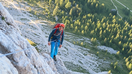 Langkofel Dolomites - Langkofel, Dolomites: Matteo Vinatzer while making the first ascent of Parole Sante up the north face (Aaron Moroder, Titus Prinoth, Matteo Vinatzer 1050m, VIII/A1)