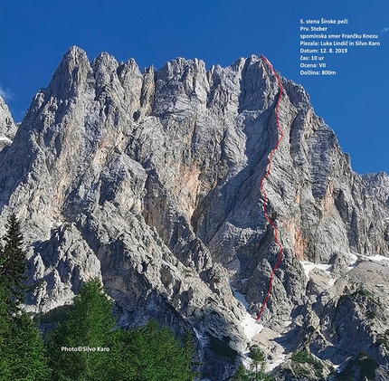 Silvo Karo, Luka Lindič, Siroka peč - Široka peč parete nord e il tracciato della via aperta il 12/08/2019 da Silvo Karo e Luka Lindič per ricordare il fortissimo alpinista Franček Knez