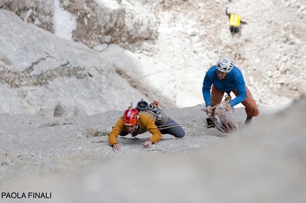 Menhir - Sass dla Crusc - Nicola Tondini nella prima libera di Menhir, Pilastro di Mezzo, Sass dla Crusc, Dolomiti