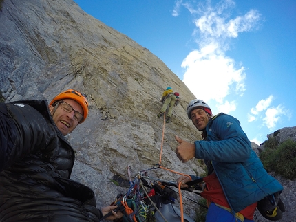 Picos de Europa, Tiro Pedabejo - Iker Pou, Kico Cerda and Ion Gurutz making the first ascent of Dardara up Tiro Pedabejo, Picos de Europa