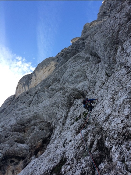 Monte Agner, Dolomiti - Agner parete NE Diretta 4 Gatti: Carlo Reghelin sulla via dei Sudtirolesi verso il grande scudo