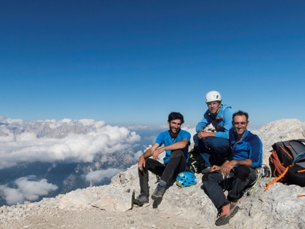 Monte Agner, Dolomiti - Agner parete NE Diretta 4 Gatti: Marco Toldo, Diego Dellai, Carlo Reghelin in cima