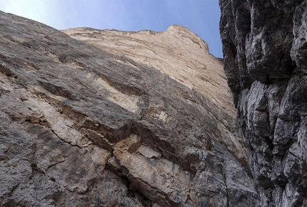 Tofana di Rozes Dolomiti - Vista verso l'alto sulla Via Costantini - Apollonio sul Pilastro della Tofana di Rozes, Dolomiti