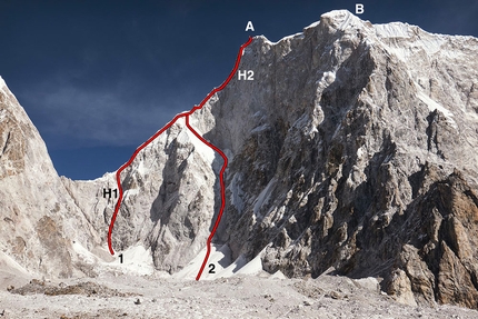 Piolet d’Or 2019 - Lunag Ri da sudovest. (A) Main summit (6,895m). (B) Southeast top (1) Tentativo di Conrad Anker - David Lama nel 2015 and 2016. (2) Linea della solitaria di David Lama. (H1) Punto più alto raggiunto con Anker nel 2016. (H2) Punto più alto raggiunto nei tentativi in solitaria nel 2015 e 2016.