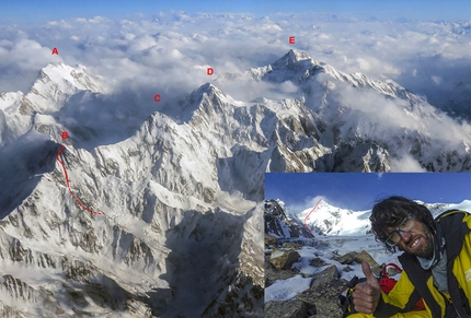 Piolet d’Or 2019 - Hispar Muztagh con : (A) Distaghil Sar (7,885m), (B) Lupghar Sar West (7,175m), con la via del 2018 sulla parete ovest, (C) Momhil Sar (7,414m), (D) Trivor (7,728m) e (E) Khunyang Chhish (7,852m). Hansjörg Auer sul Baltbar Glacier, e la sua linea di salita su Lupghar Sar West