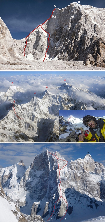 Piolet d’Or 2019 - 1. Lunag Ri da sudovest. (A) Main summit (6,895m). (B) Southeast top (1) Tentativo di Conrad Anker - David Lama nel 2015 and 2016. (2) Linea della solitaria di David Lama. (H1) Punto più alto raggiunto con Anker nel 2016. (H2) Punto più alto raggiunto nei tentativi in solitaria nel 2015 e 2016. 2. Hispar Muztagh con : (A) Distaghil Sar (7,885m), (B) Lupghar Sar West (7,175m), con la via del 2018 sulla parete ovest, (C) Momhil Sar (7,414m), (D) Trivor (7,728m) e (E) Khunyang Chhish (7,852m). Hansjörg Auer sul Baltbar Glacier, e la sua linea di salita su Lupghar Sar West 3. Latok da nord: A) Latok I (7,145m) e (B) Latok II (7,108m). (1) Il tentativo dei russi nel 2018 sulla cresta nord, fino a circa 7,050m sulla cresta sommitale (2) Via Anglo-Slovenian per la seconda salita del Latok I, passando per il colle ovest e la parete sud