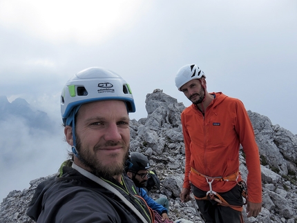 Spiz della Lastia, Agner, Dolomiti - Durante l'apertura di Futuro Incerto, Spiz della Lastia, Agner, Dolomiti (Lorenzo Corso, Diego Toigo, Luca Vallata 18-19/08/2019)