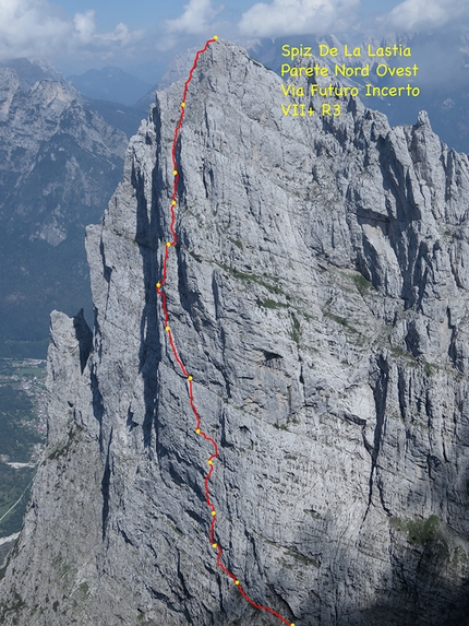 Spiz della Lastia, Agner, Dolomites - The line of Futuro Incerto, Spiz della Lastia, Agner, Dolomites (Lorenzo Corso, Diego Toigo, Luca Vallata 18-19/08/2019)