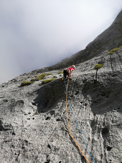 Dolomiti di Brenta, Cima Uomo, Dimitri Bellomi, Michele Lucchini - Moondance alla Cima Uomo, Dolomiti di Brenta: le rigole del secondo tiro