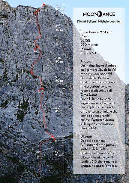 Dolomiti di Brenta, Cima Uomo, Dimitri Bellomi, Michele Lucchini - Moondance alla Cima Uomo, Dolomiti di Brenta di Dimitri Bellomi e Michele Lucchini (200m, 6c/S2)