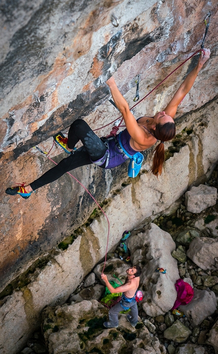 Emma Twyford - Emma Twyford climbing Big Bang at Lower Pen Trwyn in North Wales.