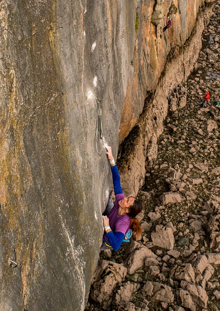 Emma Twyford - Emma Twyford climbing Big Bang at Lower Pen Trwyn in North Wales.