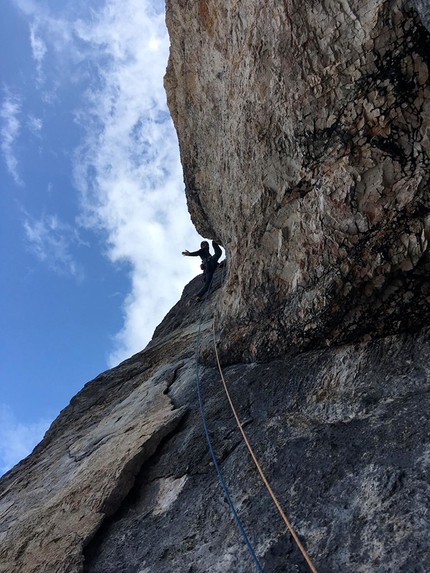 Civetta Dolomites, Luca Vallata, Davide Cassol - Luca Vallata on the first difficult pitch of Capitani di Ventura up Punta Civetta, Dolomites, established with Davide Cassol in summer 2019