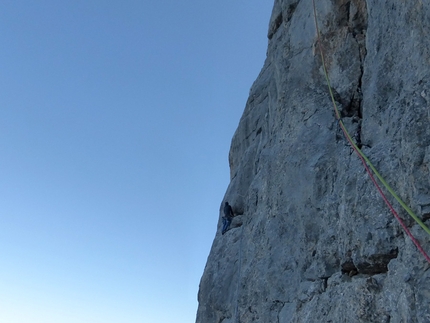 Civetta Dolomites, Luca Vallata, Davide Cassol - Luca Vallata on the traverse pitch of Capitani di Ventura up Punta Civetta, Dolomites