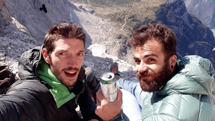 Civetta Dolomites, Luca Vallata, Davide Cassol - Davide Cassol and Luca Vallata at the top of Capitani di Ventura up Punta Civetta, Dolomites