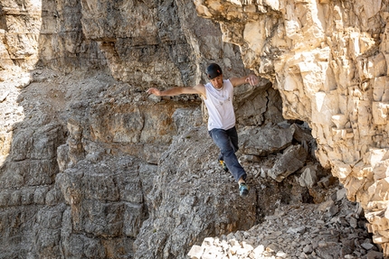 Dani Arnold - Dani Arnold racing across the ledge during his free solo ascent of the Comici - Dimai route up Cima Grande di Lavaredo, Dolomites, in 46 minutes and 30 seconds