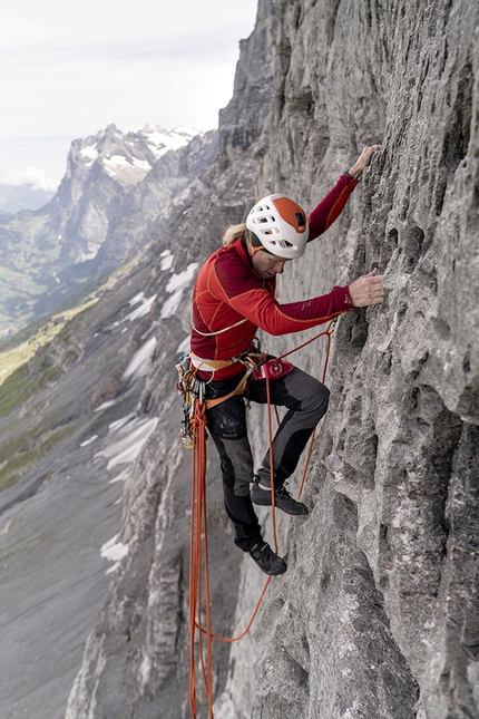 Eiger, Robert Jasper - Robert Jasper making his rope solo first ascent of Meltdown up the north face of the Eiger. The new rock climb is noteworthy, not so much because of the difficulties (which nevertheless check in at about 7a+), but because the German mountain guide established and subsequently freed the 11-pitch outing completely on his own