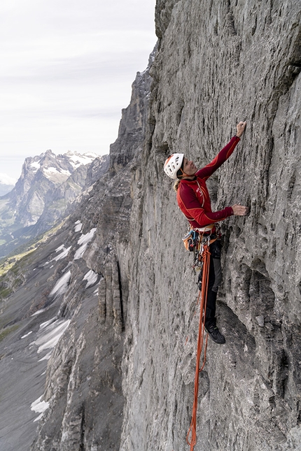 Eiger, Robert Jasper - Robert Jasper making his rope solo first ascent of Meltdown up the north face of the Eiger