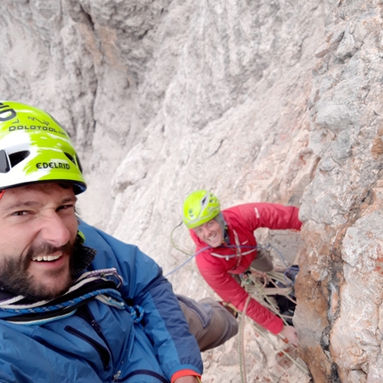 Tre Cime di Lavaredo Dolomiti - Manuel Baumgartner e Mark Oberlechner sulla Cima Piccola, Tre Cime di Lavaredo, Dolomiti durante l'apertura di Nostalgie