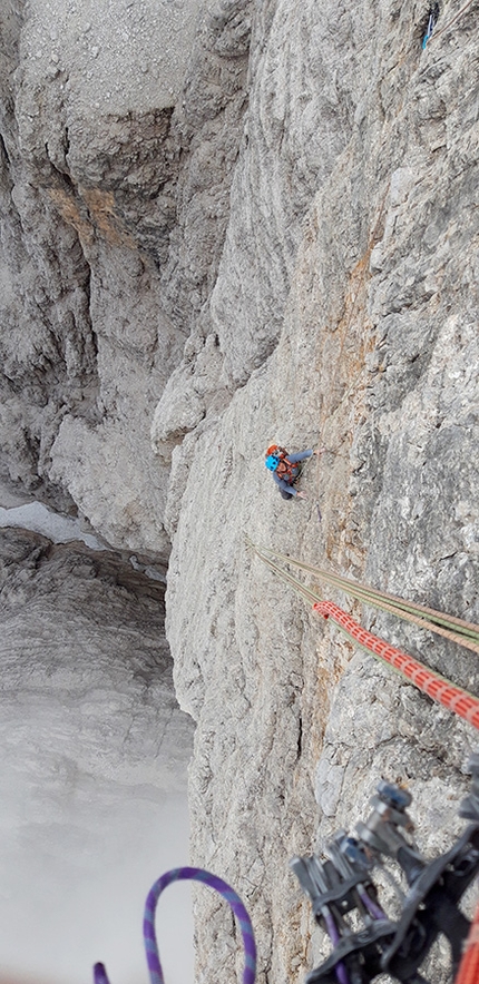 Tre Cime di Lavaredo Dolomites - Cima Piccola, Tre Cime di Lavaredo, Dolomites: making the first ascent of Nostalgie (Manuel Baumgartner, Mark Oberlechner 2019)