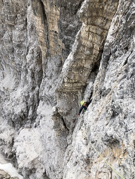Tre Cime di Lavaredo Dolomites - Cima Piccola, Tre Cime di Lavaredo, Dolomites: making the first ascent of Nostalgie (Manuel Baumgartner, Mark Oberlechner 2019)