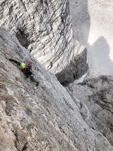 Tre Cime di Lavaredo Dolomites - Cima Piccola, Tre Cime di Lavaredo, Dolomites: making the first ascent of Nostalgie (Manuel Baumgartner, Mark Oberlechner 2019)