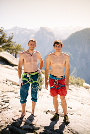 The Nose Speed El Capitan, Yosemite - Tommy Caldwell and Alex Honnold on top of El Capitan after having set a new speed record up The Nose in Yosemite