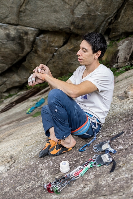 Michele Caminati, Greenspit, Valle Orco - Michele Caminati taping up prior to repeating Greenspit in Valle dell'Orco, Italy