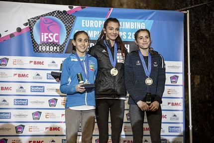 European Climbing Championships 2019 Lead and Speed - 2 Laura Rogora 1 Lucka Rakovec 3 Luce Douady at Edinburgh, European Climbing Championships 2019 Lead and Speed