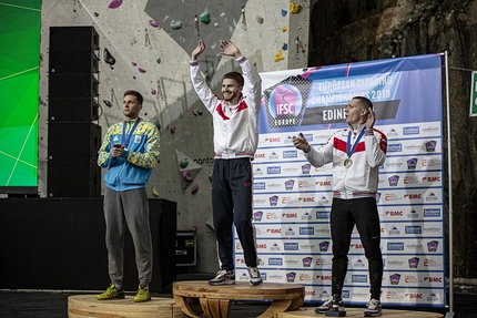 European Climbing Championships 2019 Lead and Speed - 2 Danyil Boldyrev 1 Vladislav Deulin 3 Dmitrii Timofeev at Edinburgh, European Climbing Championships 2019 Lead and Speed