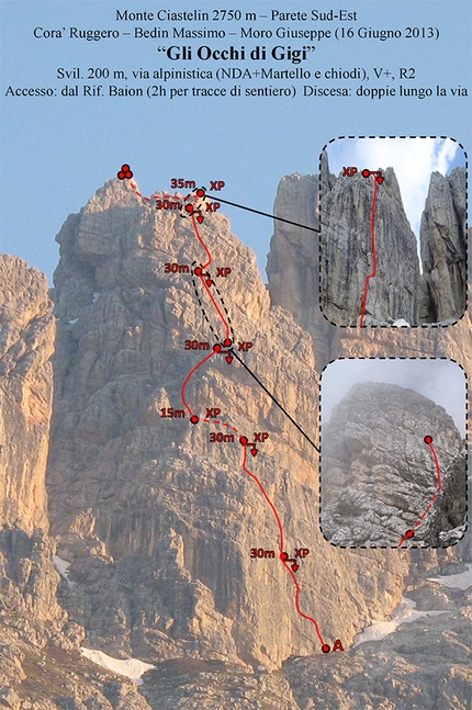 Monte Ciastelin, Marmarole, Dolomiti - Il tracciato di Gli Occhi di Gigi, Monte Ciastelin, Marmarole, Dolomiti (Massimo Bedin, Ruggero Corà, Giuseppe Moro)